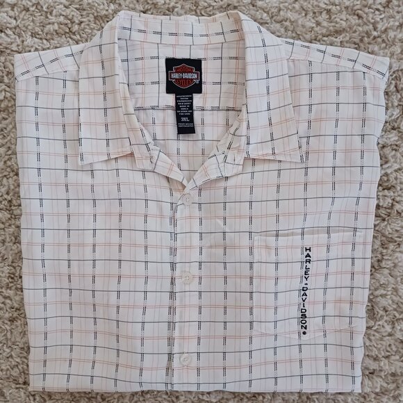 Harley Davidson Men's Short Sleeve Dress Shirt Plaid  3XL White w/Orange & Black - Picture 1 of 8